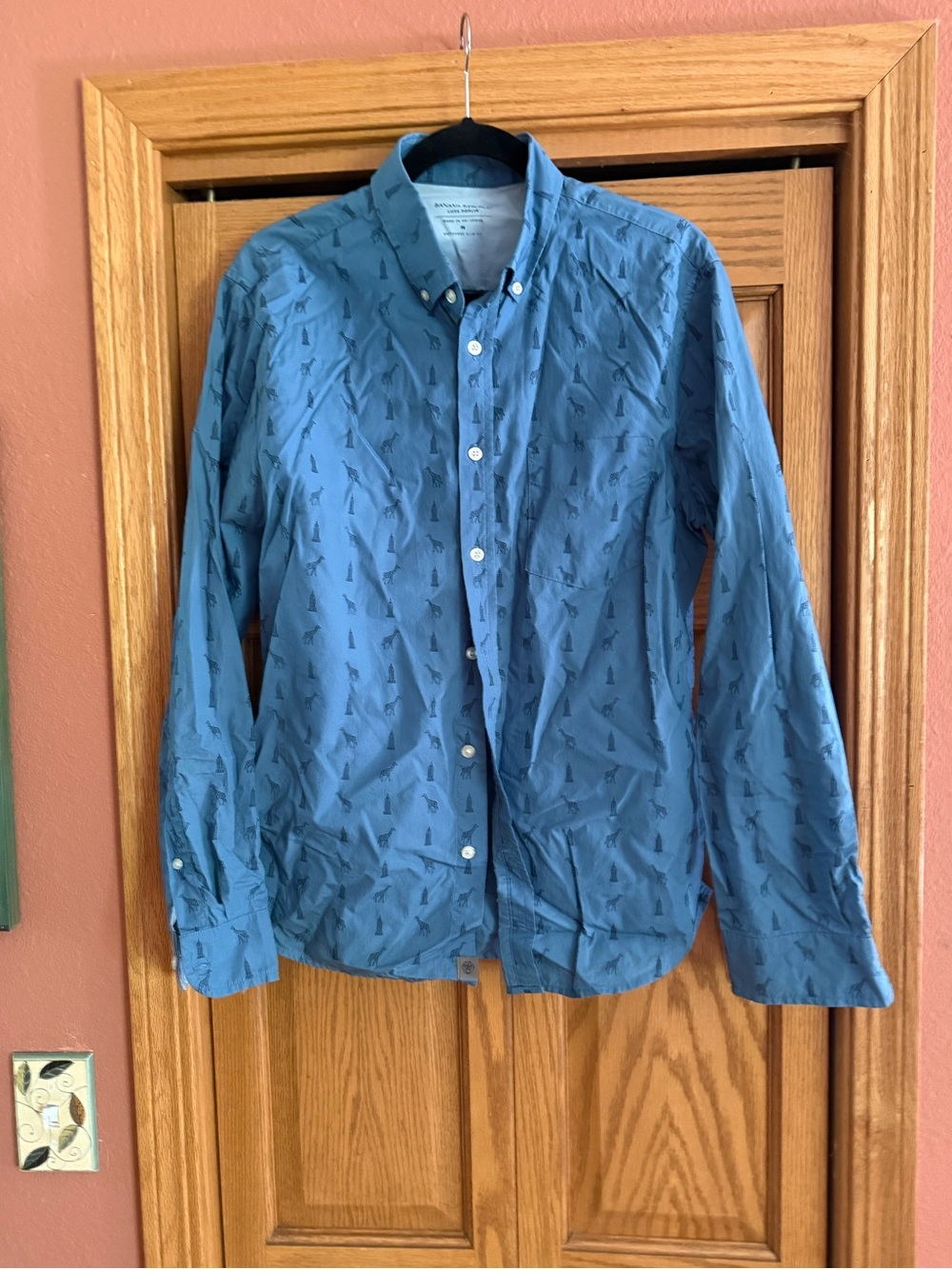 Banana Republic Slate Blue Button-Down Shirt with Small Giraffe Print
